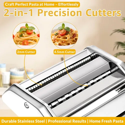 Miniatura 3 de Máquina para hacer pasta con rodillo de 7 ajustes de grosor, cortador 2 en 1, manivela y abrazadera de mesa, máquina manual de pasta de acero