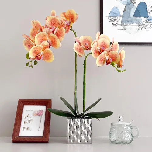 Miniatura 2 de Orquídeas artificiales Floreros de plata, orquídeas artificiales, orquídea naranja, altura 20 pulgadas