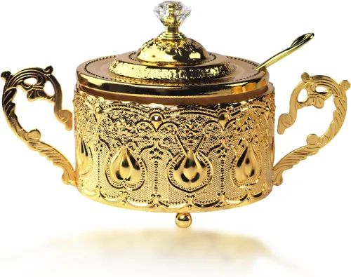 Miniatura 11 de Flylin Azucarero, azucarero turco con tapa y cuchara para galletas de caramelo, miel, tarro de condimentos de vidrio vintage dorado para el hogar y 5