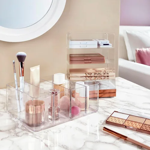 Miniatura 6 de STORi Organizador de plástico transparente de 4 compartimentos, contenedor de almacenamiento rectangular dividido para maquillaje y tocador, uso
