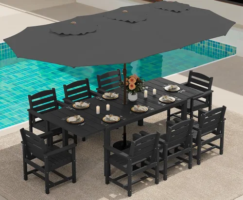 Miniatura 26 de SERWALL Juego de comedor para exteriores de 9 piezas, mesa de comedor expandible de 60 a 83 pulgadas y 8 sillas de polietileno de alta densidad