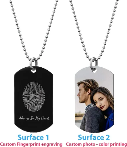 Miniatura 2 de Collar de acero inoxidable personalizado con huella dactilar ovalada + grabado fotográfico, llavero personalizado con etiqueta de perro, cadena
