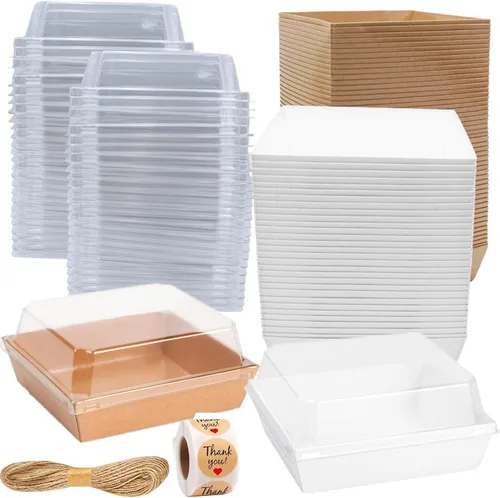Miniatura 7 de Paquete de 100 cajas de charcutería con tapas transparentes, recipientes desechables para postres de panadería, cajas para llevar con cordel