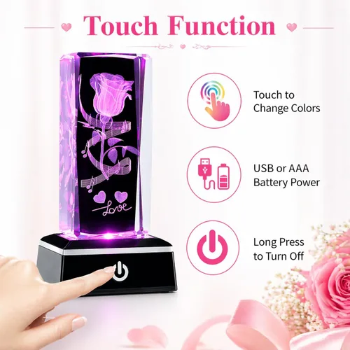 Miniatura 3 de Regalos románticos para él y ella, regalo del día de la madre para esposa, luz nocturna de cristal de amor 3D con base LED multicolor, regalo