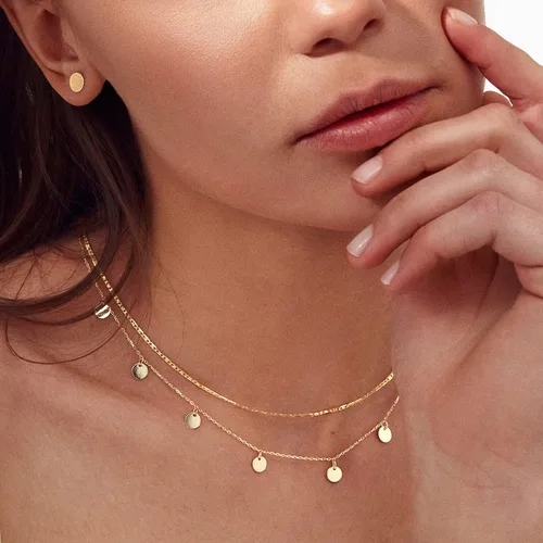 Miniatura 2 de Collar de estación de varios discos de oro sólido de 14 quilates collares de estación de monedas de oro amarillo de 14 quilates para mujer collar