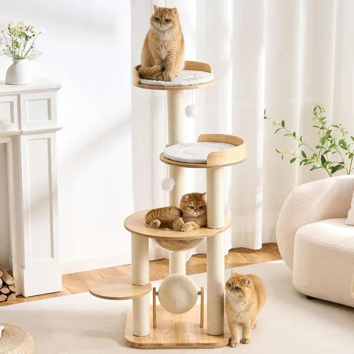 Miniatura 11 de 797Audio Moderno árbol de madera para gatos, árbol estético para gatos de 46 pulgadas con postes rascadores de madera de pino natural y condominio