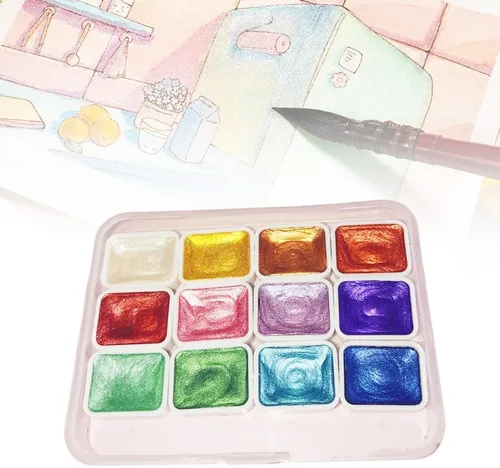 Miniatura 6 de Juego de pintura de acuarela de 12 colores, suministros de dibujo, juego de pinturas de acuarela metálicas brillantes, kit de pintura colorida