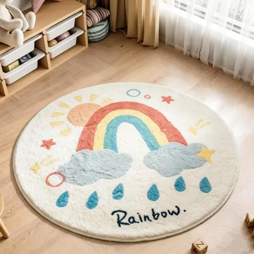 Miniatura 20 de Poowe Alfombra redonda con diseño de arco iris, colorida alfombra bohemia para niños, ultra suave, lavable, alfombra para habitación del cuarto