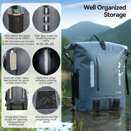 Miniatura 2 de MARCHWAY Mochila impermeable con parte superior enrollable, bolsa seca flotante de 20L/30L/45L con base rectangular ergonómica, espalda acolchada