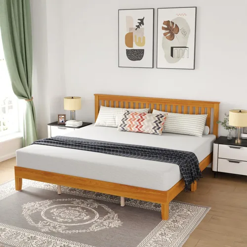 MKDLUFEI Marco de cama de madera, cabecera y marco King con cabecera completa, marco de cama de madera con 14 listones de madera fuertes, cama de