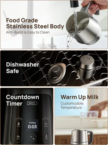 Miniatura 6 de Dreo Espumador de Leche [Actualizado], Espumador Eléctrico Todo en Uno para Café, Espumador Automático de Nivel de Arte de Laté de 15oz/450ml, Gris