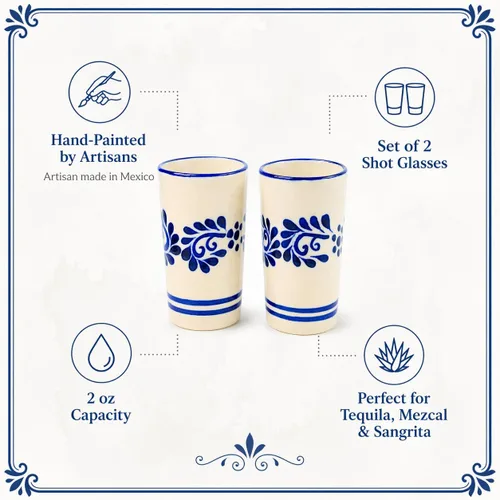 Miniatura 4 de Juego de 2 vasos de chupito pintados a mano, tazas de tequilero de 2 onzas, flores azules clásicas Abajo, Mezcal Sangrita de tequila, hecho a mano