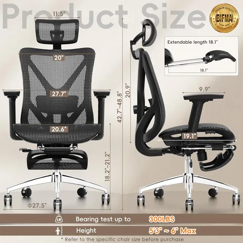 Miniatura 2 de GABRYLLY Silla de oficina ergonómica con reposapiés, silla de escritorio reclinable de 135° con soporte lumbar ajustable, reposabrazos 3D, Negro