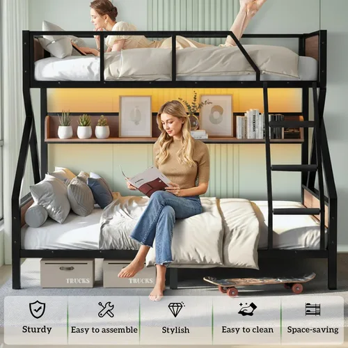 Miniatura 4 de Litera individual XL sobre Queen con estantes de almacenamiento y luces LED, marco de cama de metal resistente con escaleras, diseño sin ruido, cama