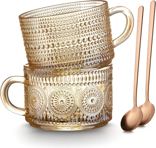 Miniatura 8 de Mfacoy Juego de 2 tazas de café vintage, tazas de vidrio en relieve de 14 onzas con asa, tazas transparentes para capuchino, latte, cereales, yogur