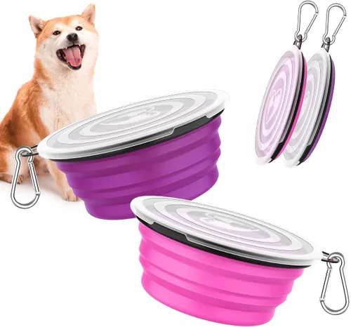 Miniatura 13 de Pawaboo Cuencos plegables 2 en 1 para perros, cuencos dobles para comida y agua, cuenco de silicona portátil de 180° con gancho de metal, comedero