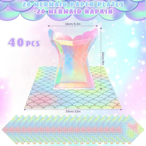 Miniatura 2 de Gersoniel Juego de 40 piezas de suministros para fiesta de sirena iridiscente, 20 platos y 20 servilletas con escamas, decoraciones para fiesta