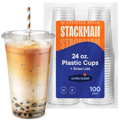 Miniatura 5 de Stack Man [100 Juegos - 24 oz.] Vasos de Plástico Transparente con Tapa de Ranura para Pajita, Vasos Desechables de Plástico PET Cristal