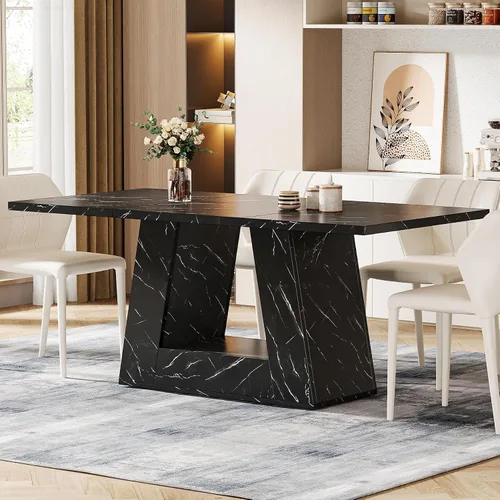 Miniatura 7 de Mesa de comedor Tribesigns para 4 a 6 personas, mesa rectangular de 63" para comedor, mesa moderna de madera con falso mármol para cenas con base