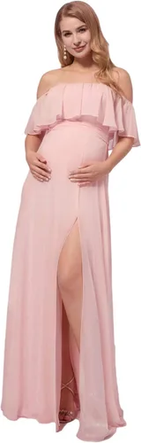 Ever-Pretty Vestido de fiesta de embarazo con hombros descubiertos y abertura lateral larga de gasa con volantes para mujer, vestidos de fotografía