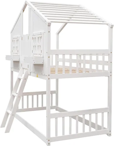 Miniatura 9 de VECELO Full Over Full House Bunk Bed with Safety Rail, Ladder, Windows & Doors, Solid Wood Playhouse Bunk Bed, No Box Spring Needed, White