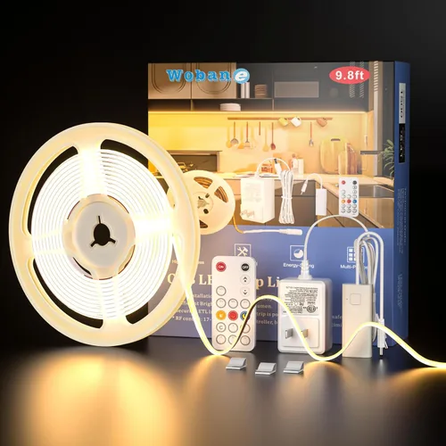 WOBANE COB Kit de tira de luces LED, tira de luz LED regulable de 9.8 pies con control remoto RF para gabinete de cocina, mostrador, estante, Blanco