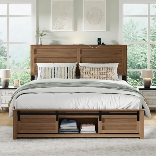 Miniatura 10 de Base de cama tamaño matrimonial con cabecero de madera, estructura de cama de plataforma de madera con estribo de puerta corrediza de granero