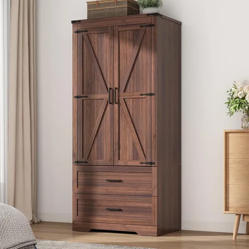 Miniatura 9 de Hlivelood Armario de 3 puertas con puertas y cajones, armario de madera de granja con estantes y barra para colgar para dormitorio, color marrón