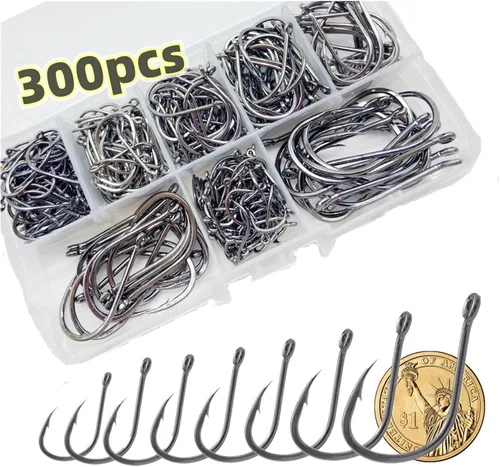 300 unidades/caja (22# ...15# 10# anzuelo de pesca, acero forjado/diseño bardado, 8 tamaños universales de anzuelos de pesca de pulpo, afilado/alto