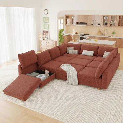 Miniatura 23 de 95.5" Sofá seccional modular de chenilla con almacenamiento oculto, sofá cama convertible en forma de L y U, sofá seccional moderno de 6 plazas