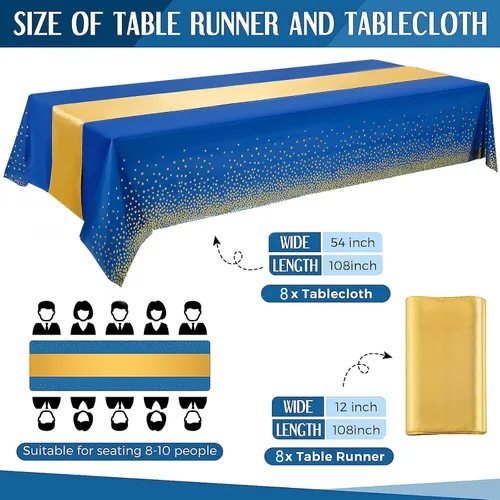 Miniatura 2 de WDF Paquete de 16 manteles de plástico azul real y dorado con caminos de mesa, manteles rectangulares de 54 x 108 pulgadas, caminos de satén de 12 x