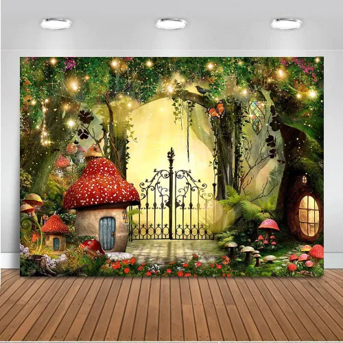 Mocsicka Telón de fondo de primavera del país de las maravillas, cuento de hadas, casa de hongos, bosque, casa del árbol, puerta, fondo encantado