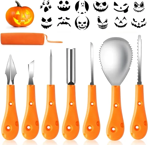 Greatever Kit de tallado de calabaza de Halloween, herramientas profesionales y resistentes, juego de tallado de calabaza con 12 plantillas de