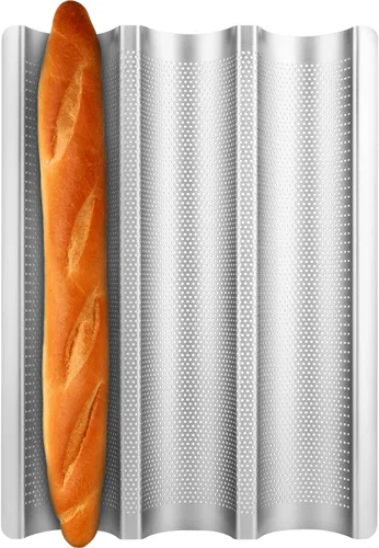 Miniatura 9 de Sartén para baguette, sartenes francesas para hornear, antiadherentes 3 ranuras perforadas italianas para pan, molde de pan francés largo, dorado
