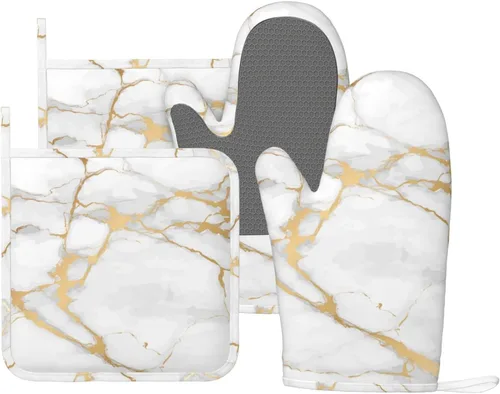 Manoplas de horno y agarradores de ollas de mármol blanco y oro de silicona, accesorios de cocina de 4 piezas, guantes largos resistentes al calor,