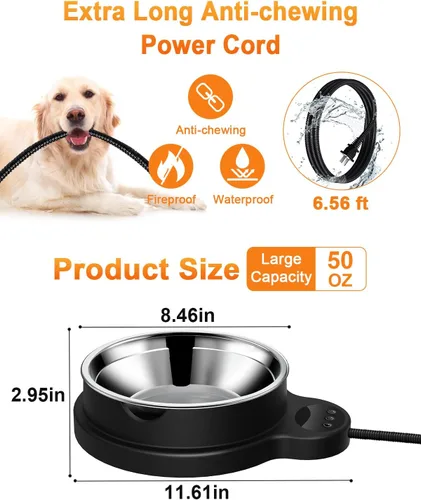 Miniatura 5 de Tazón de agua caliente para perros y gatos, 3 ajustes de temperatura y temporizador de 12H, tazón para mascotas con calefacción para exteriores