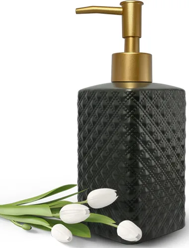 Dispensador de jabón dorado para baño, dispensador de loción cuadrado negro, dispensador de jabón de manos de cerámica recargable para encimera,