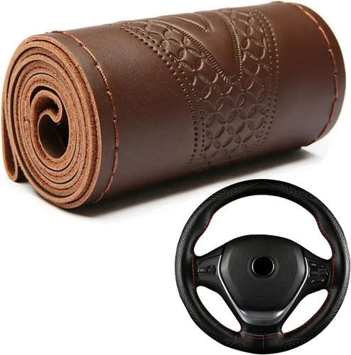 Miniatura 8 de Funda para volante de automóvil, ajuste universal, punto redondo, funda fina de piel sintética cosida en volante de automóvil de 15 pulgadas (negro)