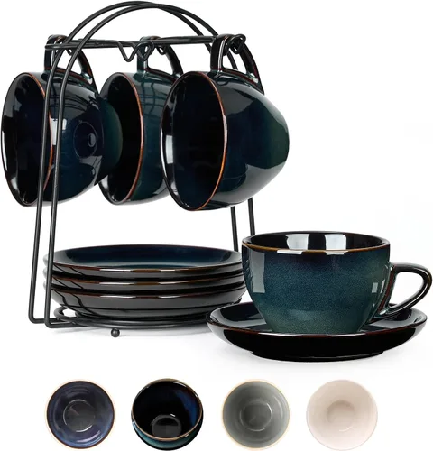 Miniatura 9 de SIDUCAL Juego de 6 tazas apilables para capuchino de 4 onzas, tazas de café de cerámica con platillos y portavasos, aptos para microondas