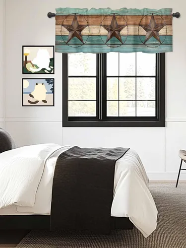Miniatura 7 de Cortina de cenefas occidentales para cocina, cafetería, campo de granja, estrella de hierro sobre tablero de madera, cenefa de ventana, 1 panel