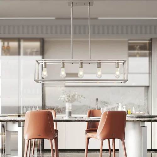 Miniatura 5 de 5 luces de isla de iluminación de níquel cepillado para comedor, lámpara colgante de granja moderna isla de cocina, iluminación lineal de granja