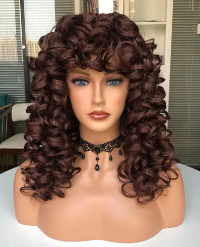 Miniatura 16 de Pelucas afro rizadas para mujeres negras, peluca larga y rizada con flequillo, fibra sintética esponjosa, sin pegamento, para cosplay y uso diario