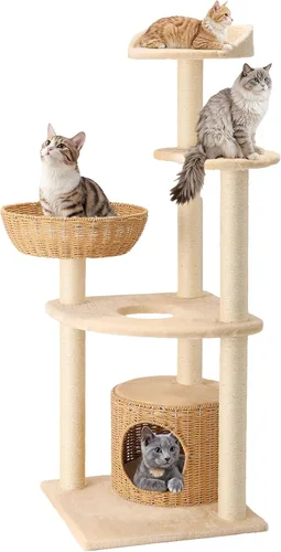 Moderno árbol de ratán para gatos, torre de escalada alta y resistente con poste rascador, cesta, cama y soporte para gatos adultos grandes de