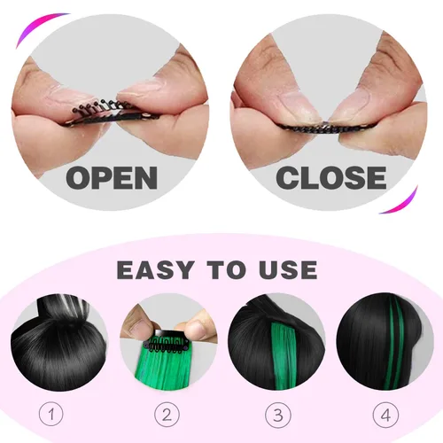 Miniatura 4 de 12 extensiones de cabello verde con clip, extensiones rizadas y onduladas de color para niños y niñas, extensiones sintéticas con reflejos