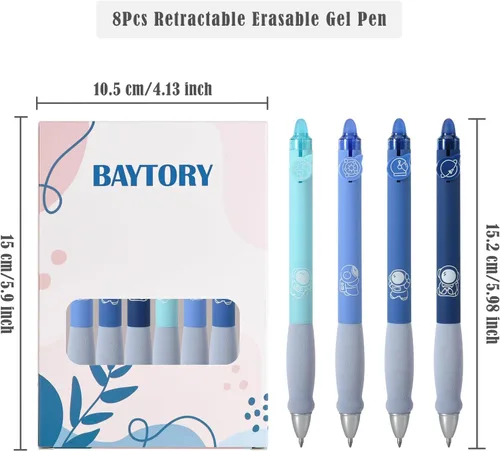 Miniatura 2 de BAYTORY 8 piezas de lindos bolígrafos de gel retráctiles y borrables, bolígrafo de tinta azul y negra con borrador transparente, escritura suave