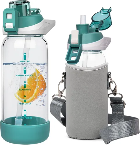 Miniatura 28 de Botella de agua deportiva de vidrio de 32 onzas con popote y marcador de tiempo, botella de vidrio motivacional reutilizable grande para agua Rosa