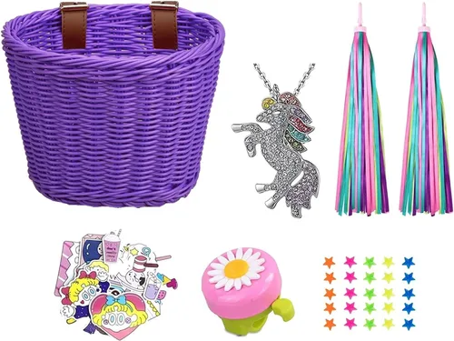 Miniatura 10 de Cesta de bicicleta para niños, cesta de mimbre, cesta de bicicleta para manillar para niñas con collar de unicornio, campana de bicicleta