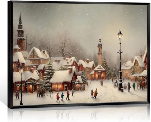 Miniatura 18 de Huabsad Lienzo vintage de Navidad con diseño de casa de campo, arte de pared, estilo retro, nieve, invierno, pueblo, paisaje, famoso, pintura al
