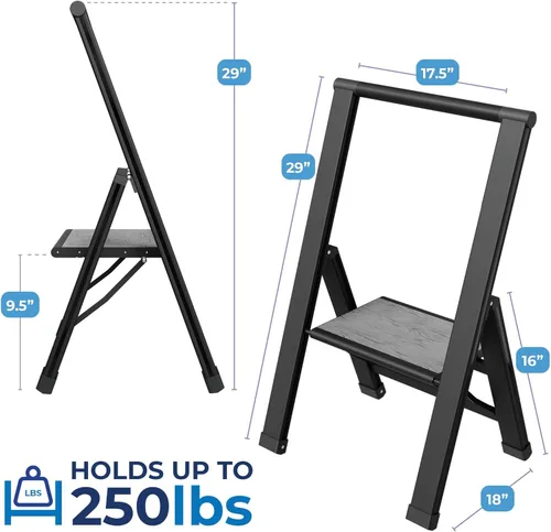 Miniatura 2 de Escalera de Peldaños de 1 Escalón Plegable, Decorativa - Hermosa Madera Gris y Aluminio Negro, Perfil Ultra Delgado, Peldaños Antideslizantes