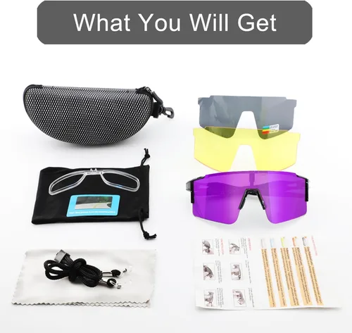 Miniatura 6 de OULAIQI Gafas de sol de ciclismo, polarizadas, para hombres y mujeres, con 1 lente o 3 lentes intercambiables, gafas de béisbol Lente negra